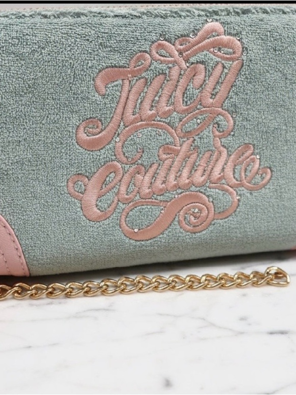 Juicy Couture Mint and Pink Embroidered Logo Bifold W/cherry charm & chain